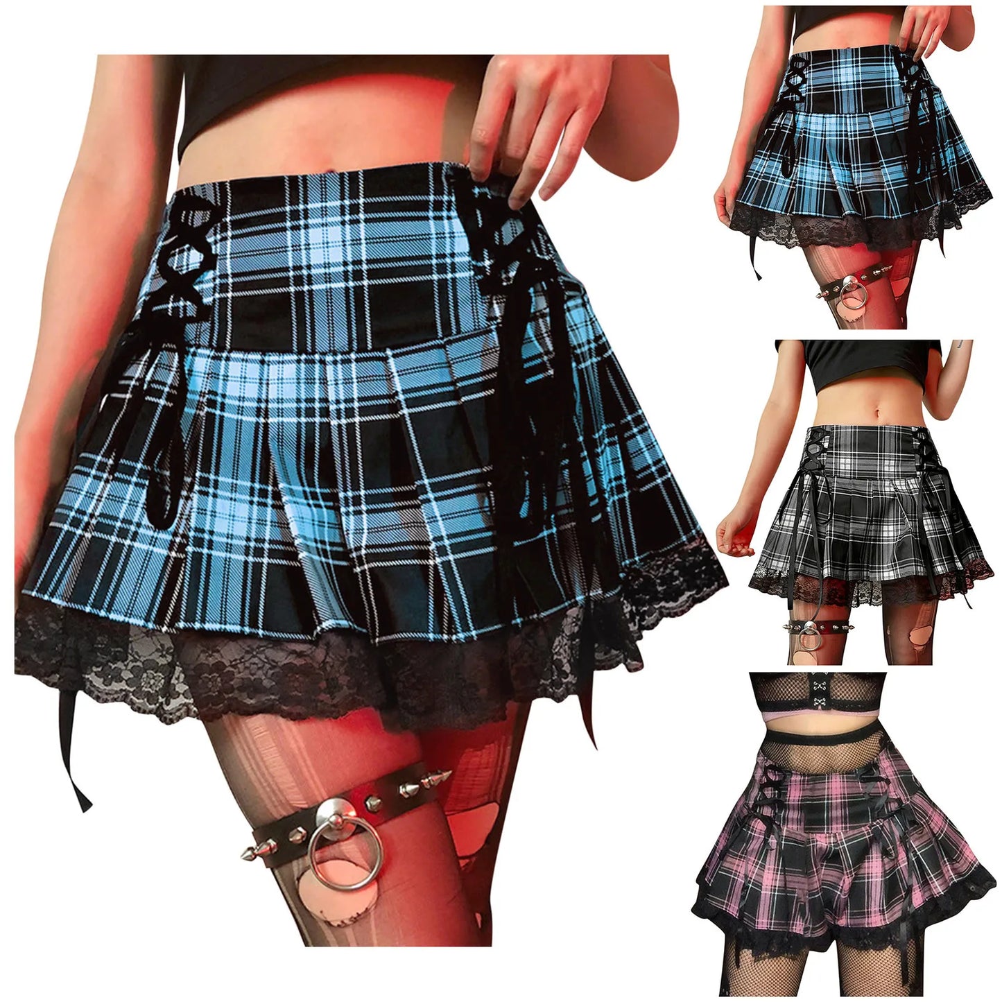 Cool Girls Gothic Skirt Y2k High Waist Plaid Lace Bandage A-Line Skirt Women Vintage Hip Hop Punk Streetwear Pleated Skirt
