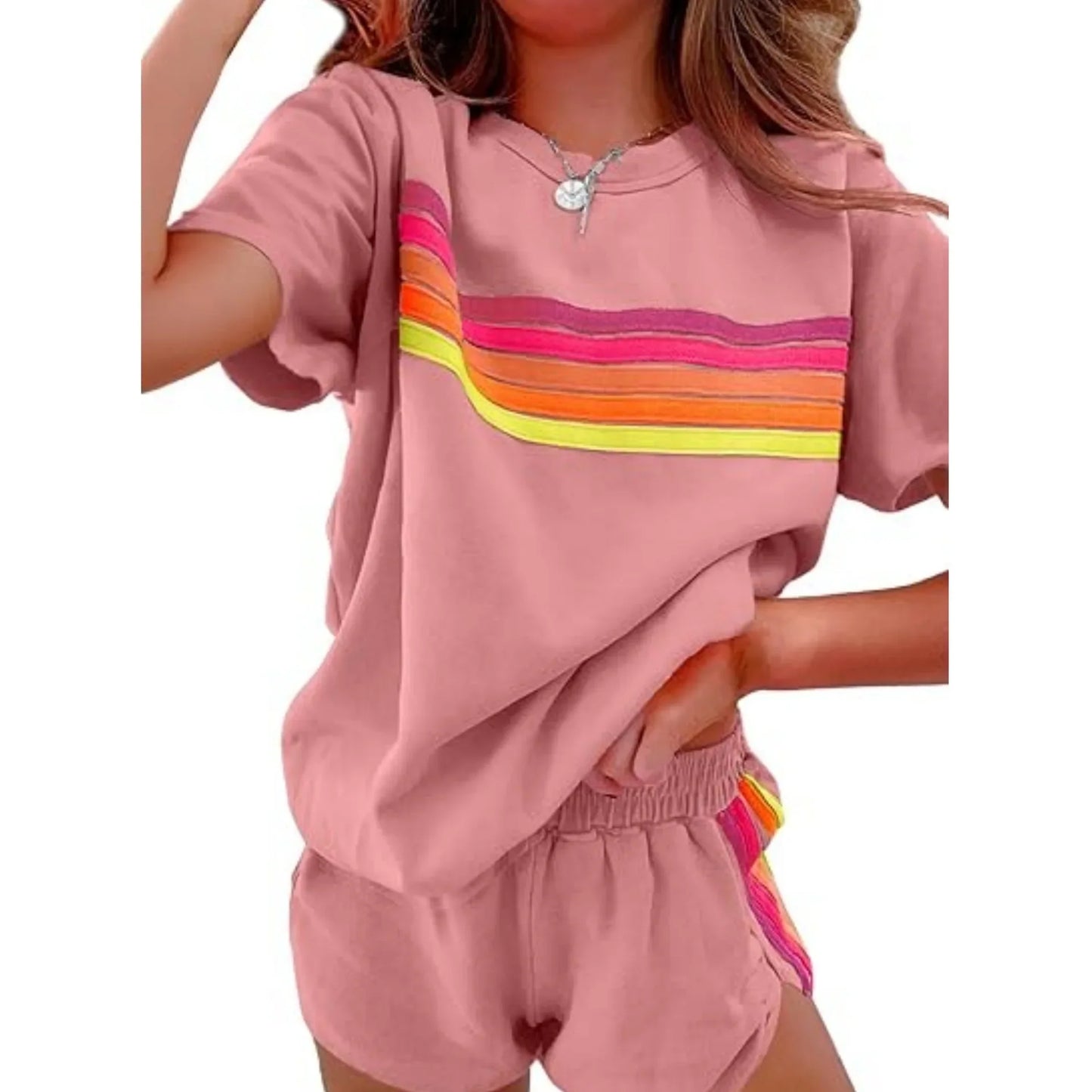 Women Casual Sports Outfits Summer Outdoor Comfortable Cool Shorts Tracksuit 2pcs Set Urban Fashion Stripe Top Suit Streetwear