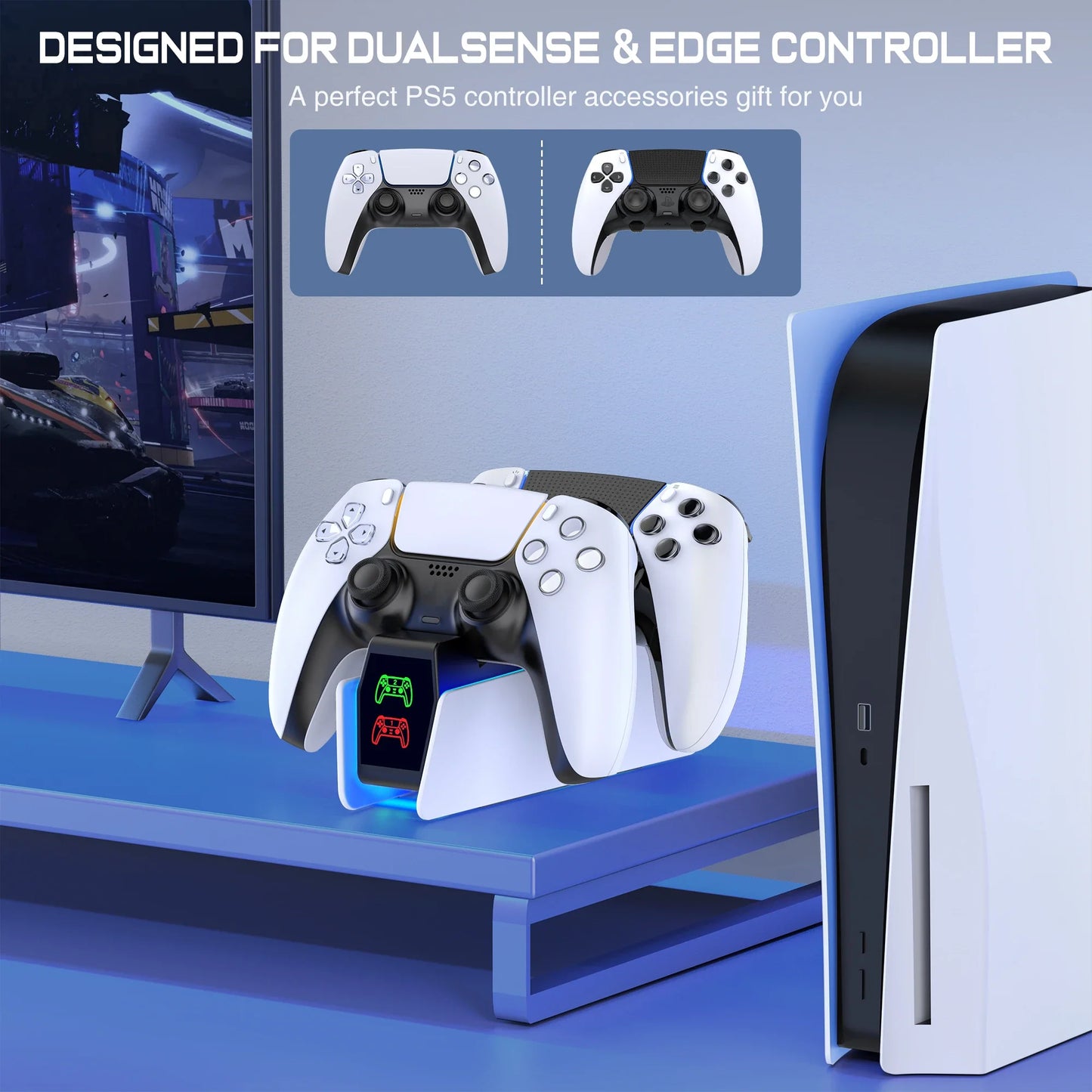 DinoFire Dual Fast Charger for PS5 Wireless Controller Stand for Sony PlayStation 5 Gamepad DualSense controller Charging Base
