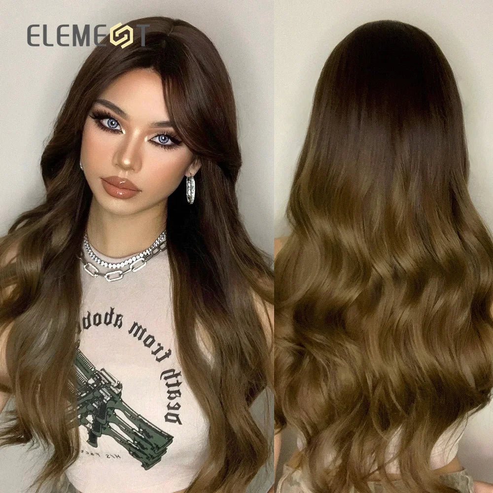 Element Medium Length Synthetic Straight Natural Brown Wigs with Side Bangs Heat Resistant Party Wigs for White/Black Women