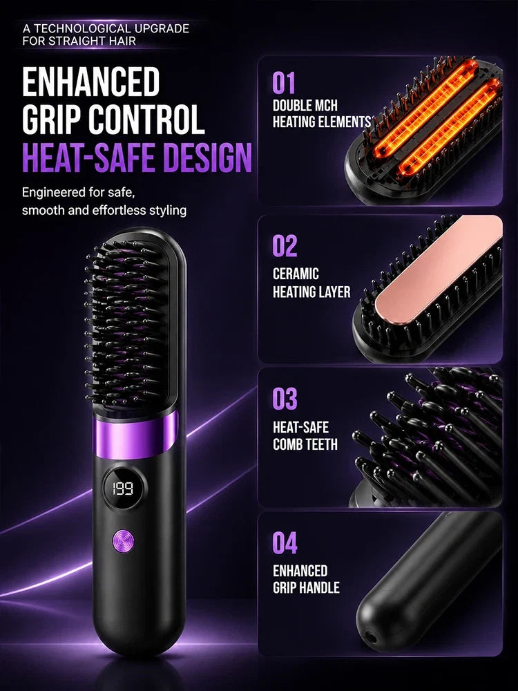 Electric Hair Straightener Brush Rechargeable Ceramic Styling Comb with Temperature Display for Women Daily Care