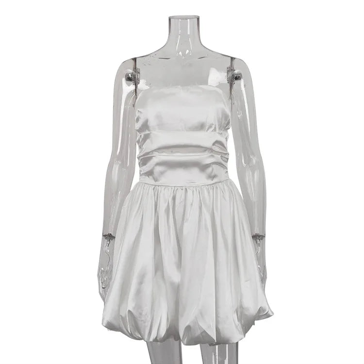 White Pleated Mini Dress For Women Bandeau Slim Patchwork Backless Elegant Fashion Dress Solid Female Party Dress 2024 New