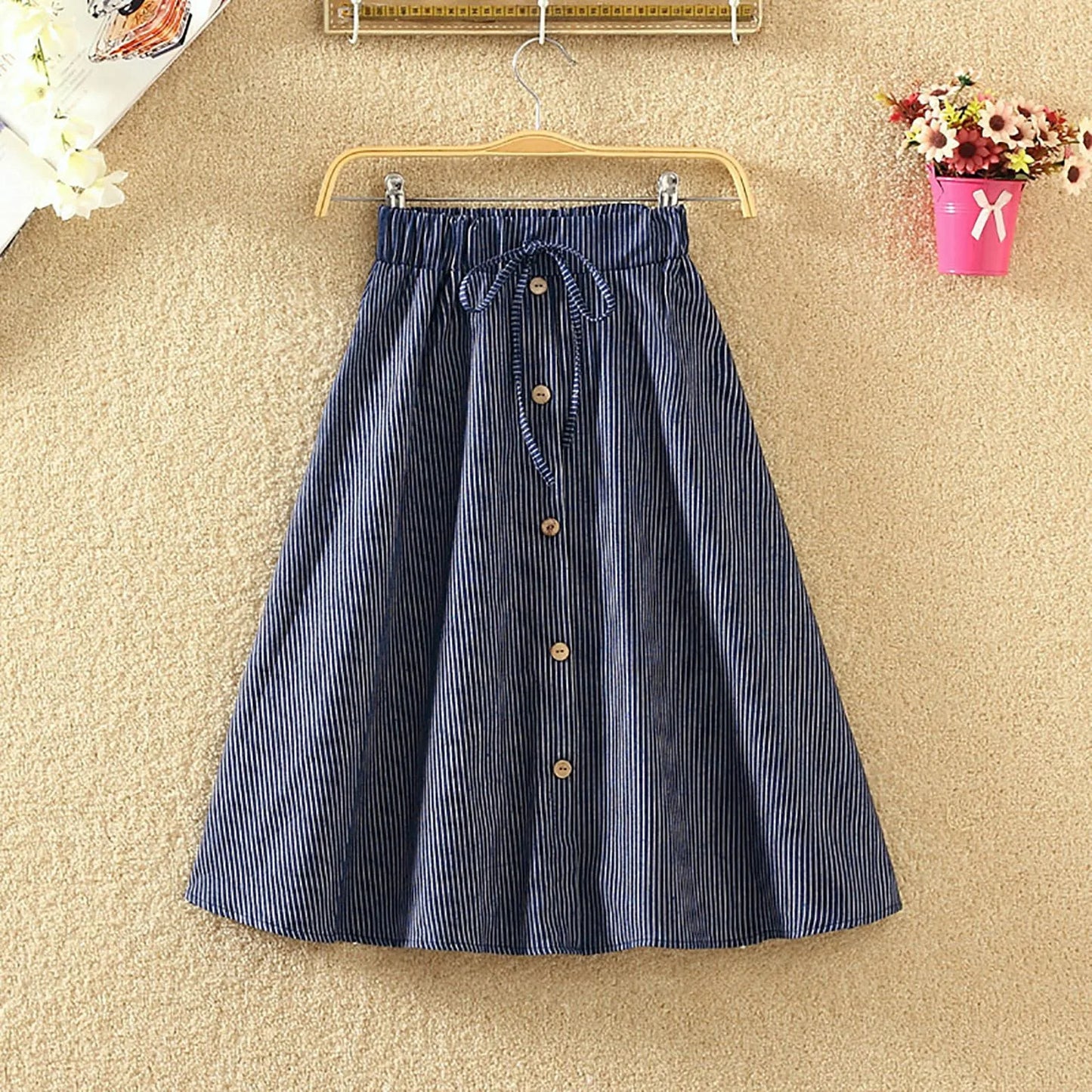Pleated Skirt Girls Waist Long Denim Skirt Female New Kong Flavor Summer Arts Students Border Ladies Skirts Below Knee Length