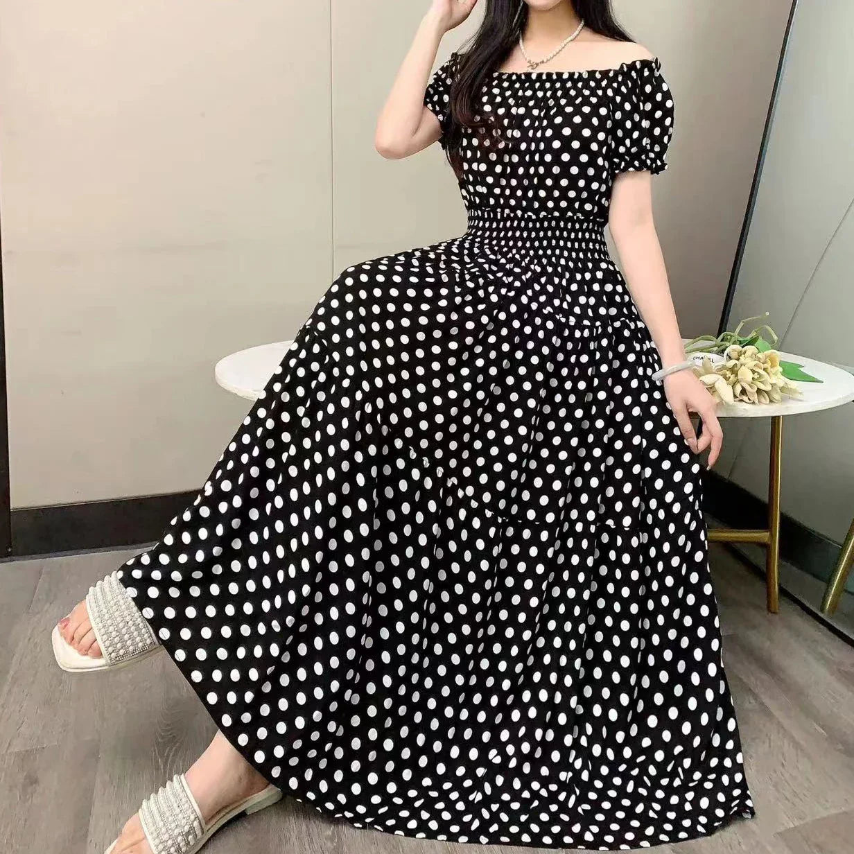 Vintage Bohemian Beach Floral Midi Dress Korean Reviews Many Dress Off Shoulder Elastic Waist Large Swing Women's Elegant Dress