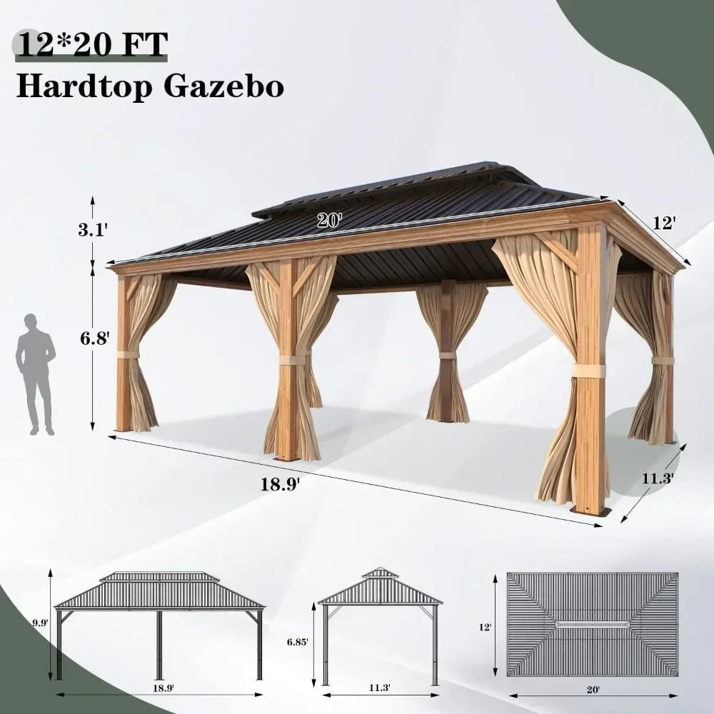 12x20 Gazebo, Hardtop Wood-Looking Gazebo with Galvanized Steel Double Roof, Patio Hardtop Gazebo with Netting and Curtains