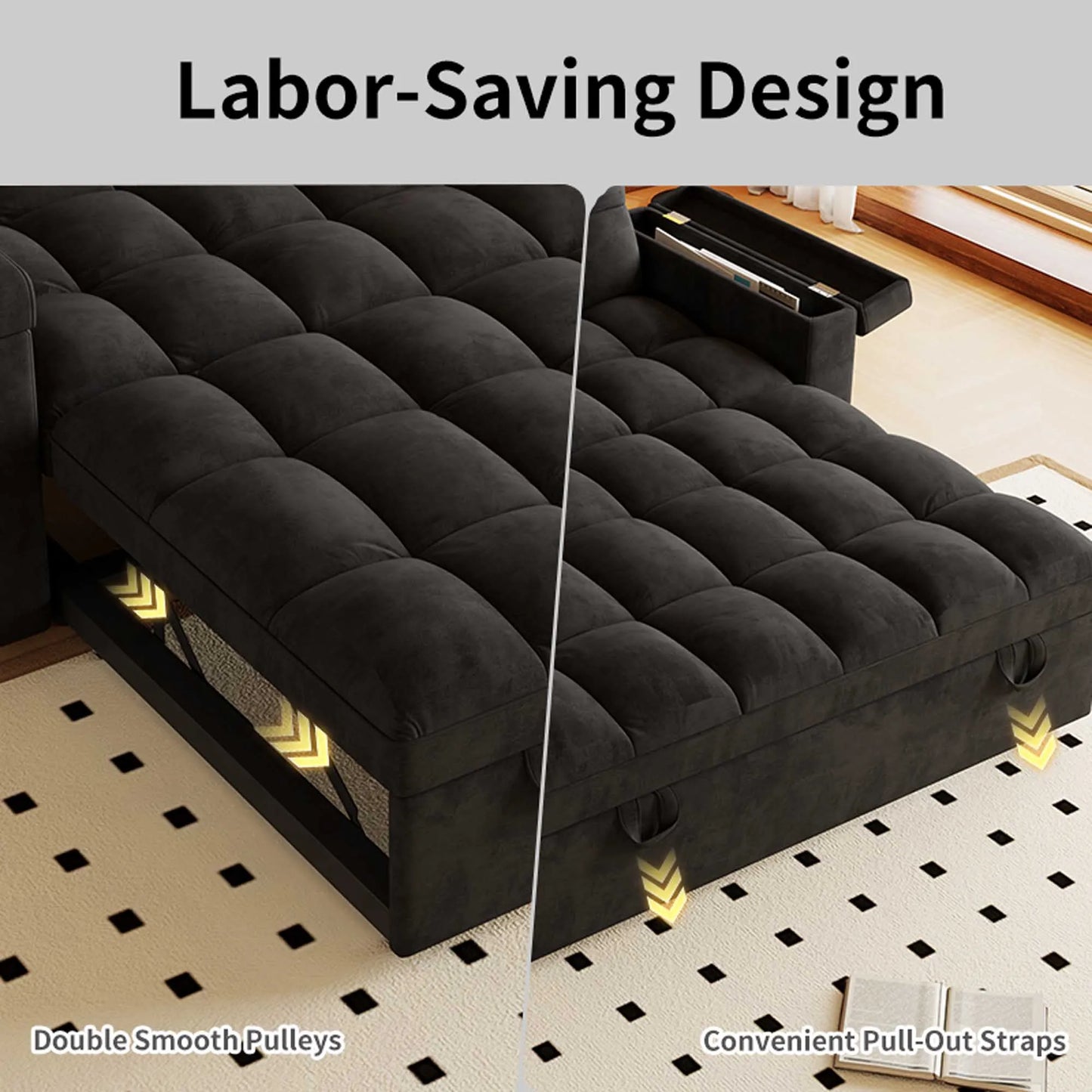 65" 3-in-1 Foldable Velvet Sofa Bed with USB Charging Port, Table Board and Storage Armrests, Adjustable Backrest Sleeper Couch for Living Room Apartment Guest Room, Black