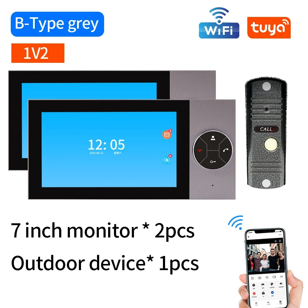 Wifi Wired Smart Home Video Door Intercom System 7" Color Screen Monitor AHD 1080P Doorbell Tuya App Remote Unlock