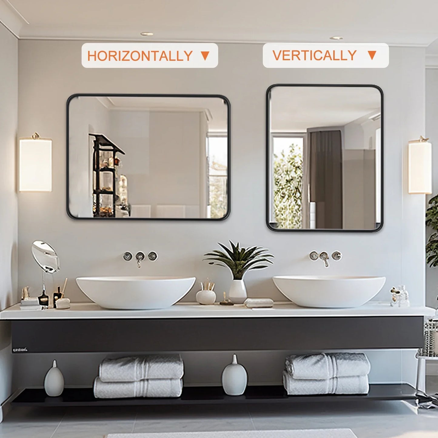 Metal Framed Bathroom Mirror Rectangle Rounded Corner Tempered Glass