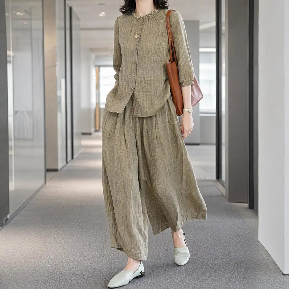 2026 Plus Size Casual Suit Women 2 Piece Cotton Linen Sets, Button Down Short Sleeve Top And Wide Leg Pants Casual Loose Lounge