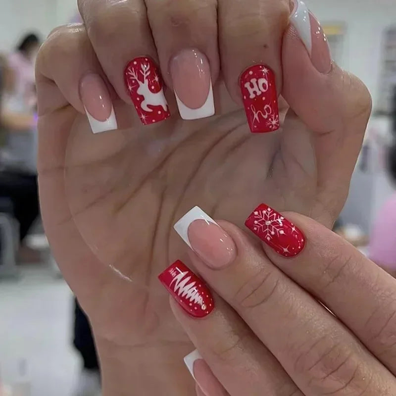 24Pcs Coffin Christmas Handmade Press on Nails Full Cover Snow Tree Design Santa Claus False Nails Wearable Manicure Nail Tips