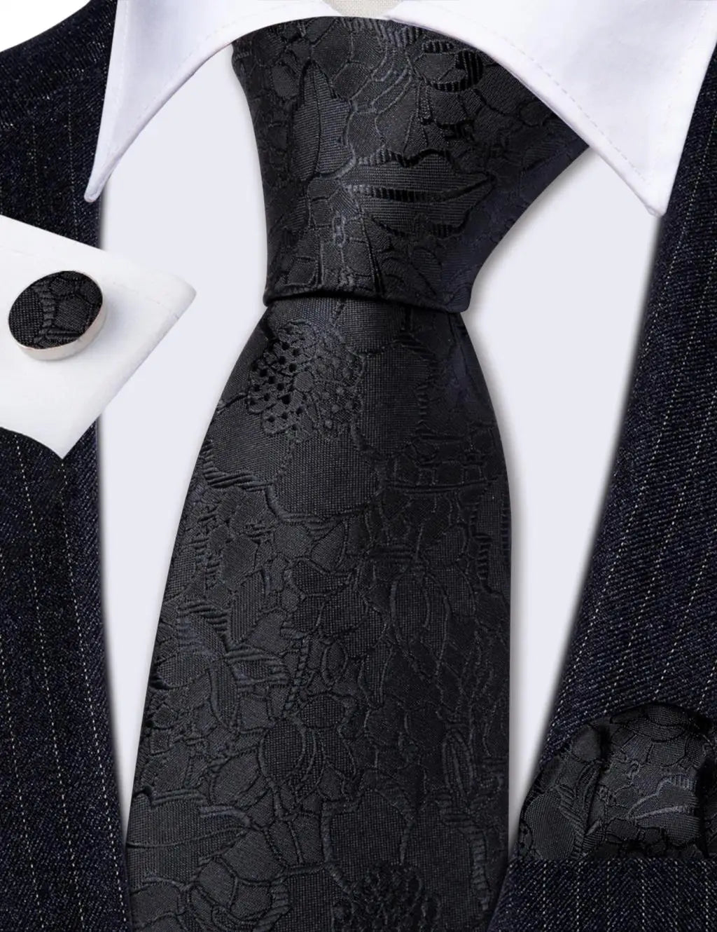 Black White Gray Silver Men Tie Handkerchief Cufflinks Set.