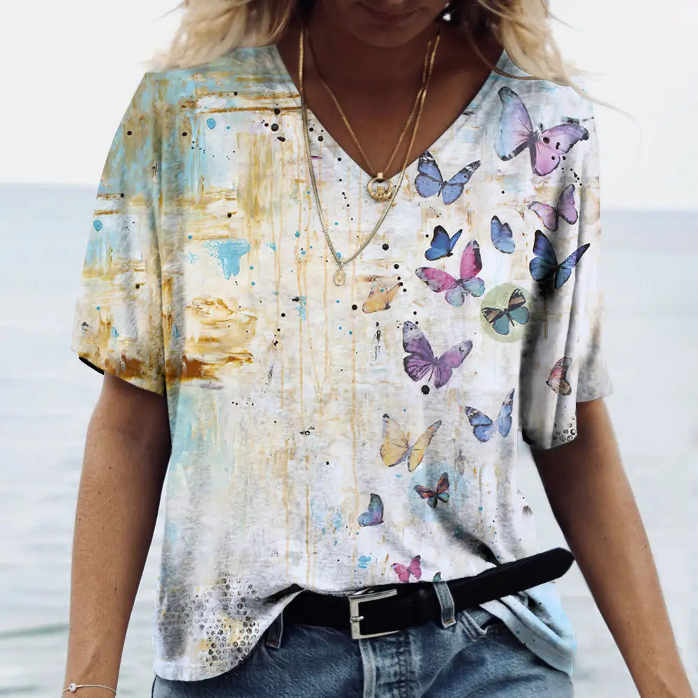 Women's T-shirts Fashion Tops V-neck Colorful Butterfly T Shirt Female Short Flowers Print Casual Tees Summer Oversized Clothes