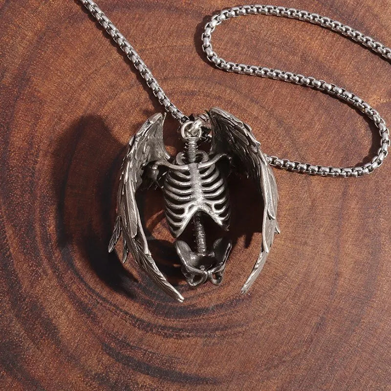 Gothic Wings Grim Reaper Pendant Half Body Skull Necklace Biker Punk Rock Jewelry Halloween Gift