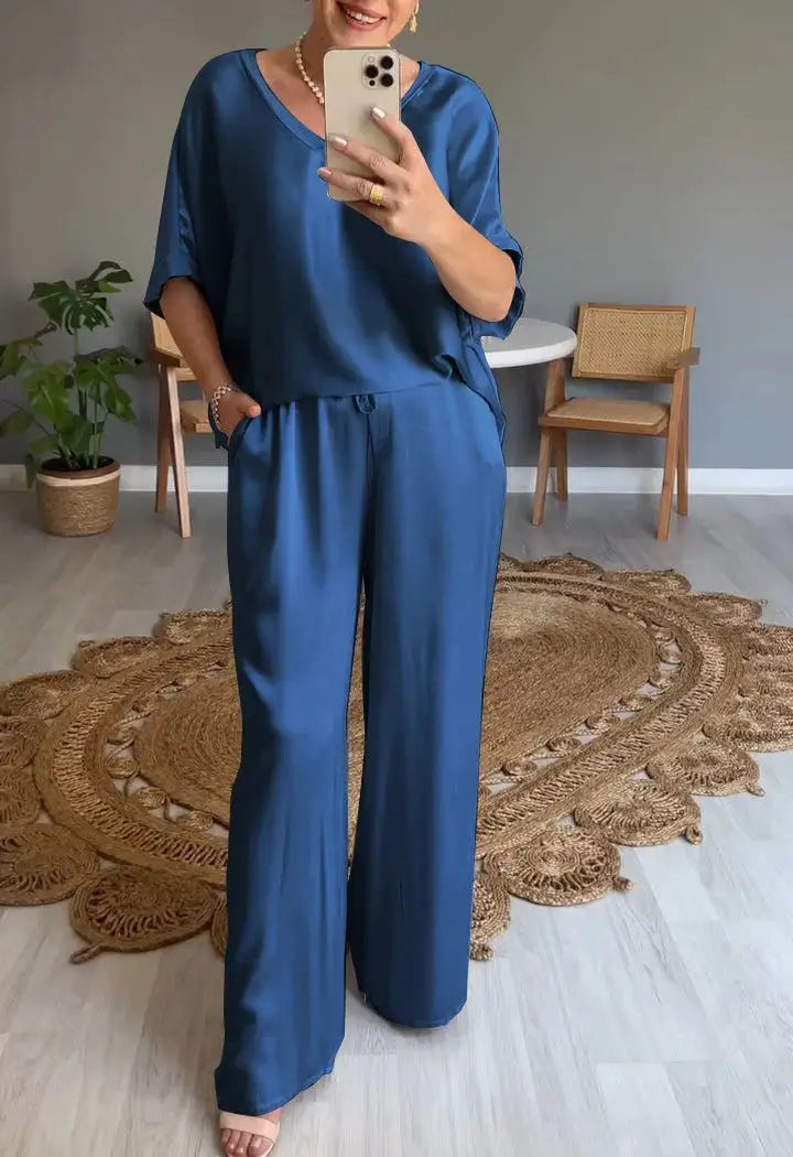 Summer Short-sleeved T-shirt Two-piece Set For Women V-neck Top Pullover Wide-leg Pants Suit For Women Spring Loose Satin Suit