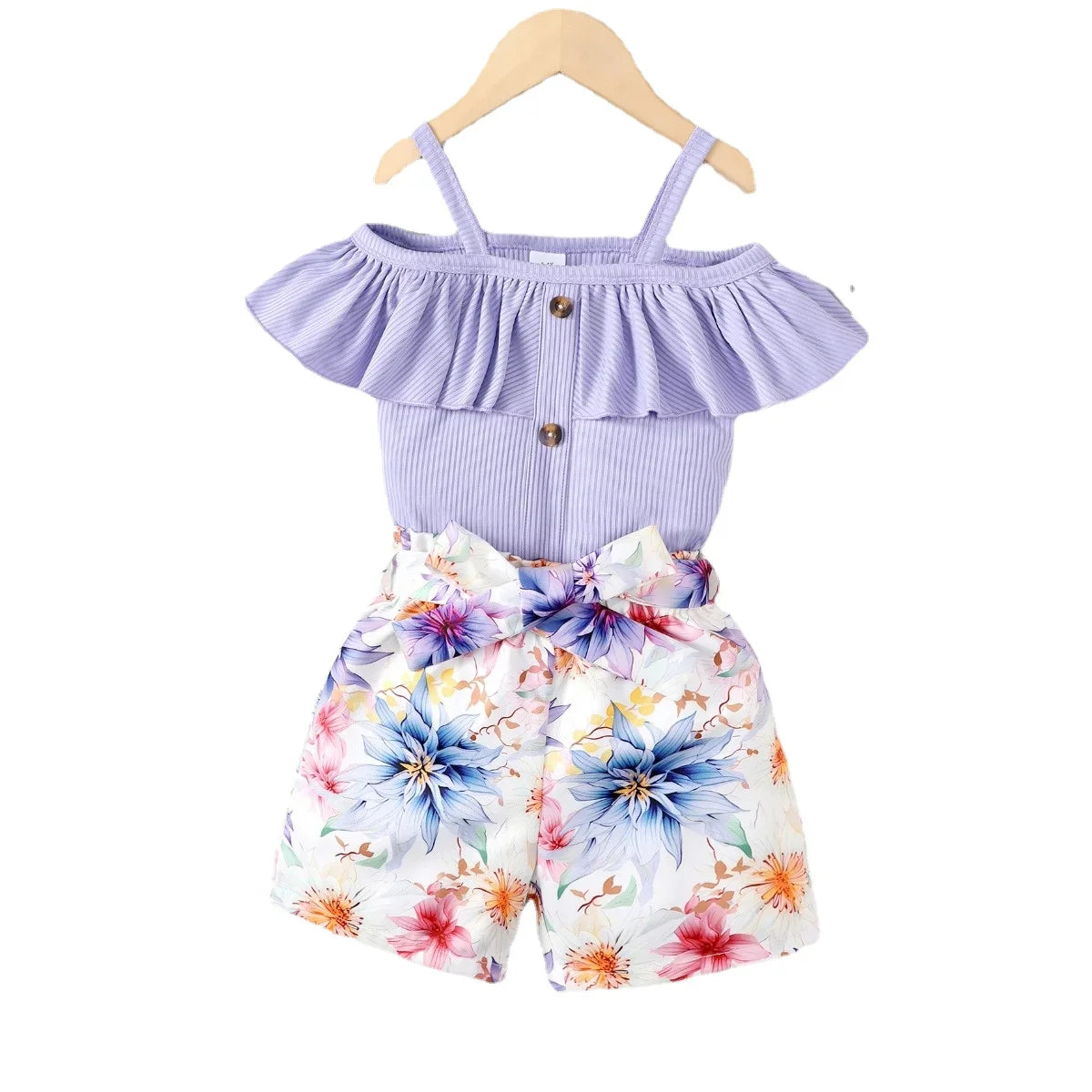 2PCS Child Girl Clothes Set Shoulder Leakage Short Sleeve Top+Flower Shorts with Bow Summer Lovely Wear for Kid Girl 4-7 Years