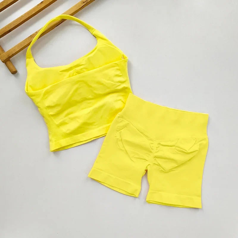 VEQKING Seamless 2pcs Women Yoga Sets Open Back Longline Sports Halter Bras Running Tank Tops Scrunch Butt Gym Workourt Shorts
