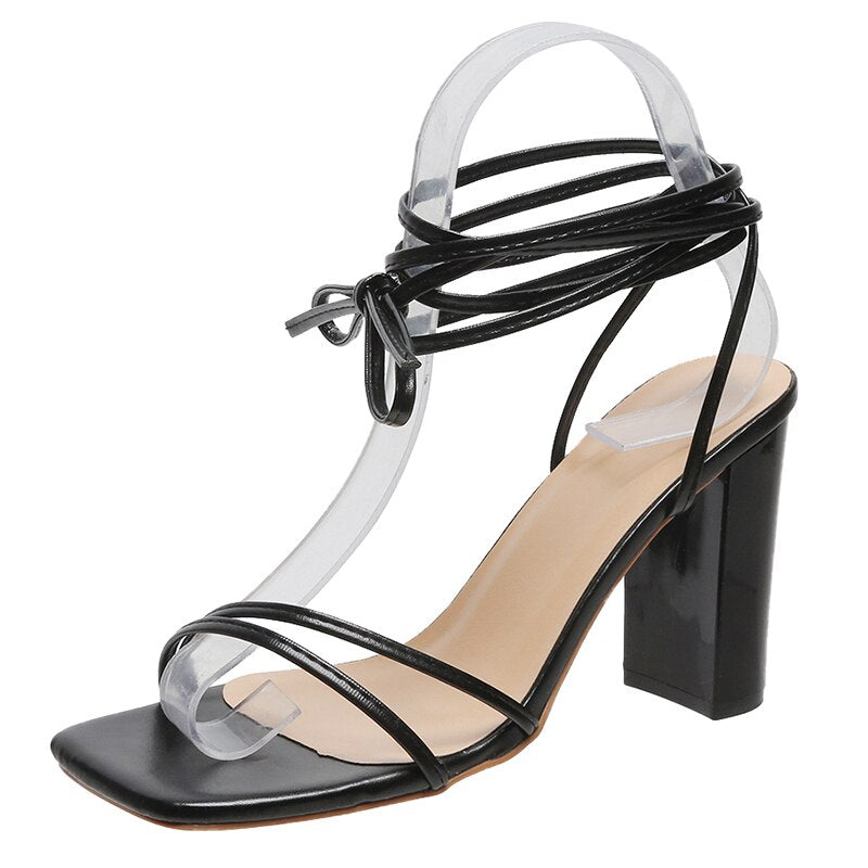 Women's Cross-Tie Open Toe Chunky Heel Designer Pumps