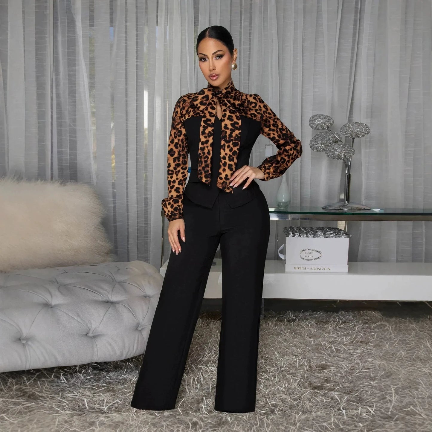 2 Pcs Women Chic Pants Suit Casual Leopard Patchwork Slim Top+ High-waist-drooping Wide-leg Long Pants Fashion Autumn Suits Set