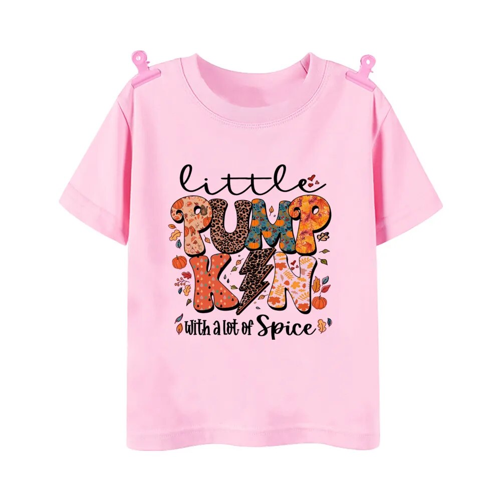 Little Pumpkin with A Lot of Spice Print T-shirt Fall Festive Shirt Kids Tops Clothes Halloween Thanksgiving Toddler Outfit Tee