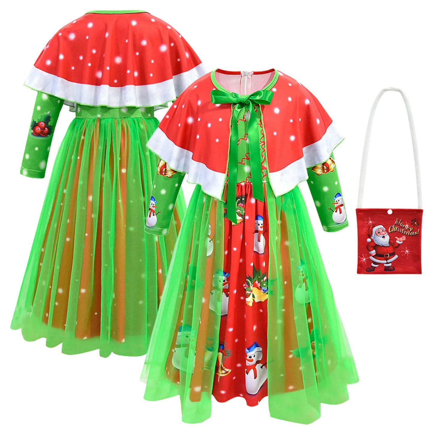 Toddler Kids Girls Cute Infant Christmas Cartoon Prints Costume Cosplay Party Dresss Shawl Outfits Children Xmas Fancy Dress Up
