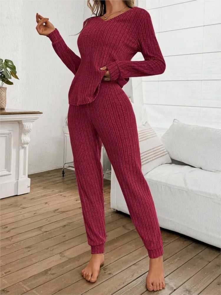 Casual V-neck Knitted Pit Strip T-shirt Long-sleeved Womes Suit Autumn Winter New Slim Fit Trousers Female Home Wear 2-piece Set