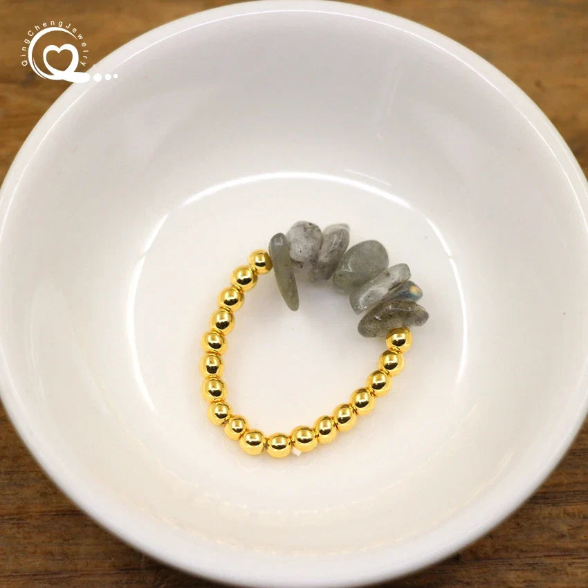 Healing Crystal Chip Stackable Rings Golds Brass Round Beads Natural Stone Gravel Stretchy Ring Fashion Women Jewelry,QC4218