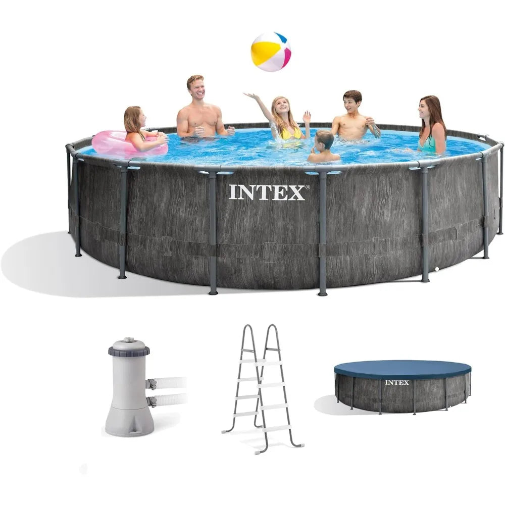 Round above Ground Outdoor Swimming Pool Set with Filter Pump, Ladder, Ground Cloth, and Pool Cover, Greywood