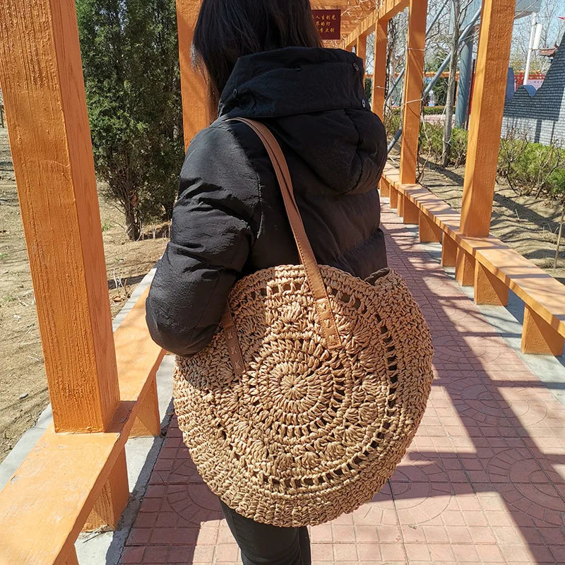 Round Straw Beach Bag Vintage Handmade Woven Shoulder Bag Raffia circle Rattan bags Bohemian Summer Vacation Casual Bags