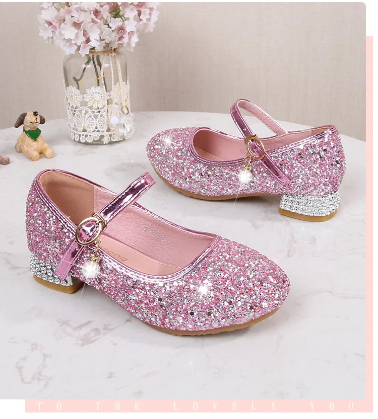 Zhongda Girls' Fashion Show Crystal Shoe New Versatile Mary Jane Fashion Sequins Walk Princess Shoe School Shoes for Kid Girls