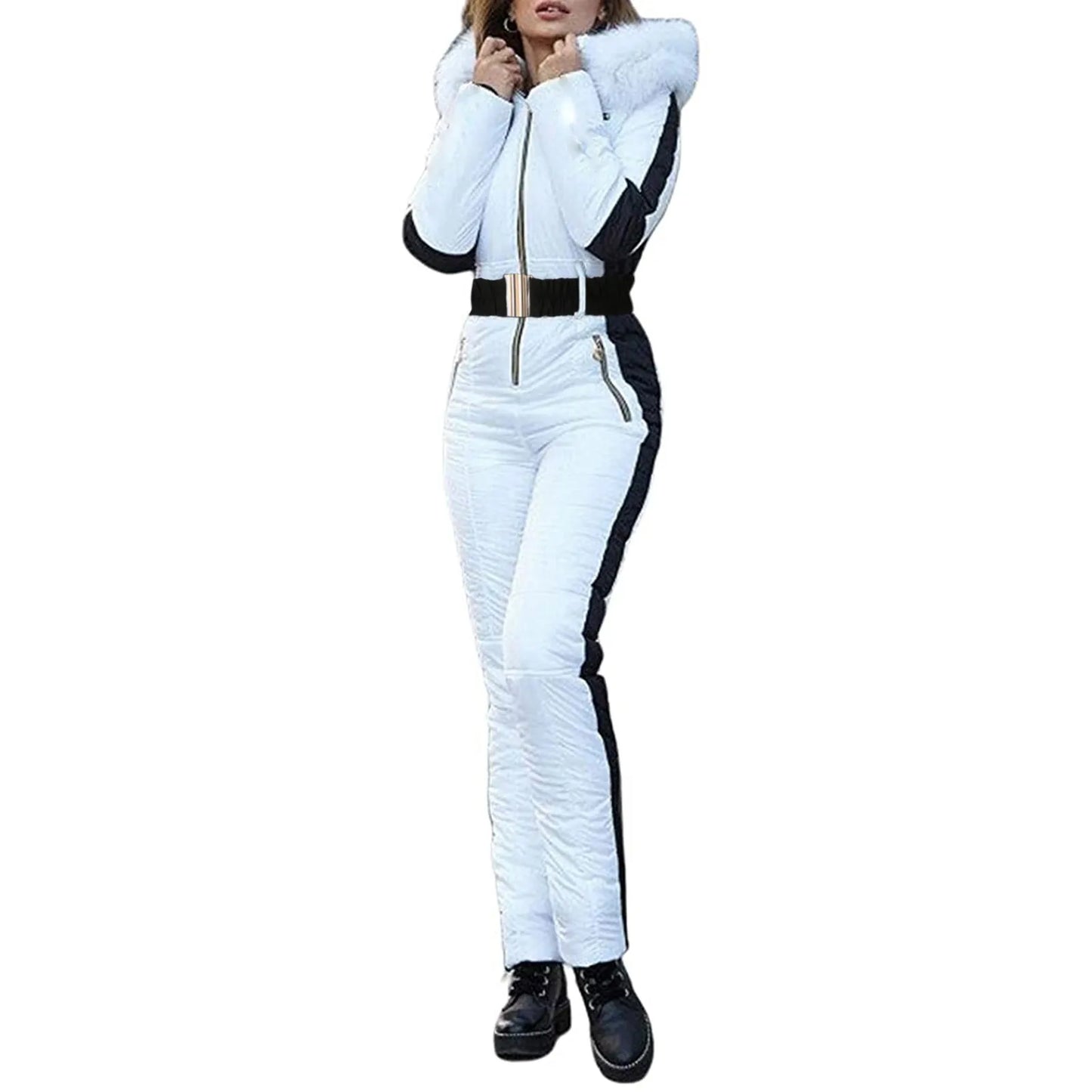 Women's Winter Snow Suit Sets Outdoor Sports Removable Collar Jumpsuit Outdoor Sports Zipper Ice Ski Set Hoodie Skiing Costume