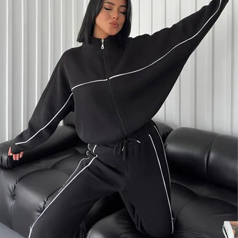 2026 New Cross-Border European American Amazon Casual Set: Long-Sleeve Semi-High-Neck Cardigan Sweatshirt With Tie And Striped