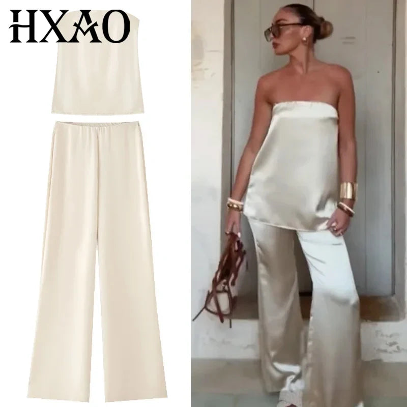 HXAO Satin Pant Sets Women's Two Pieces Set Strapless Off Shoulder Tube Vest 2 Piece Sets Woman Outfit High Waist Trousers Sets