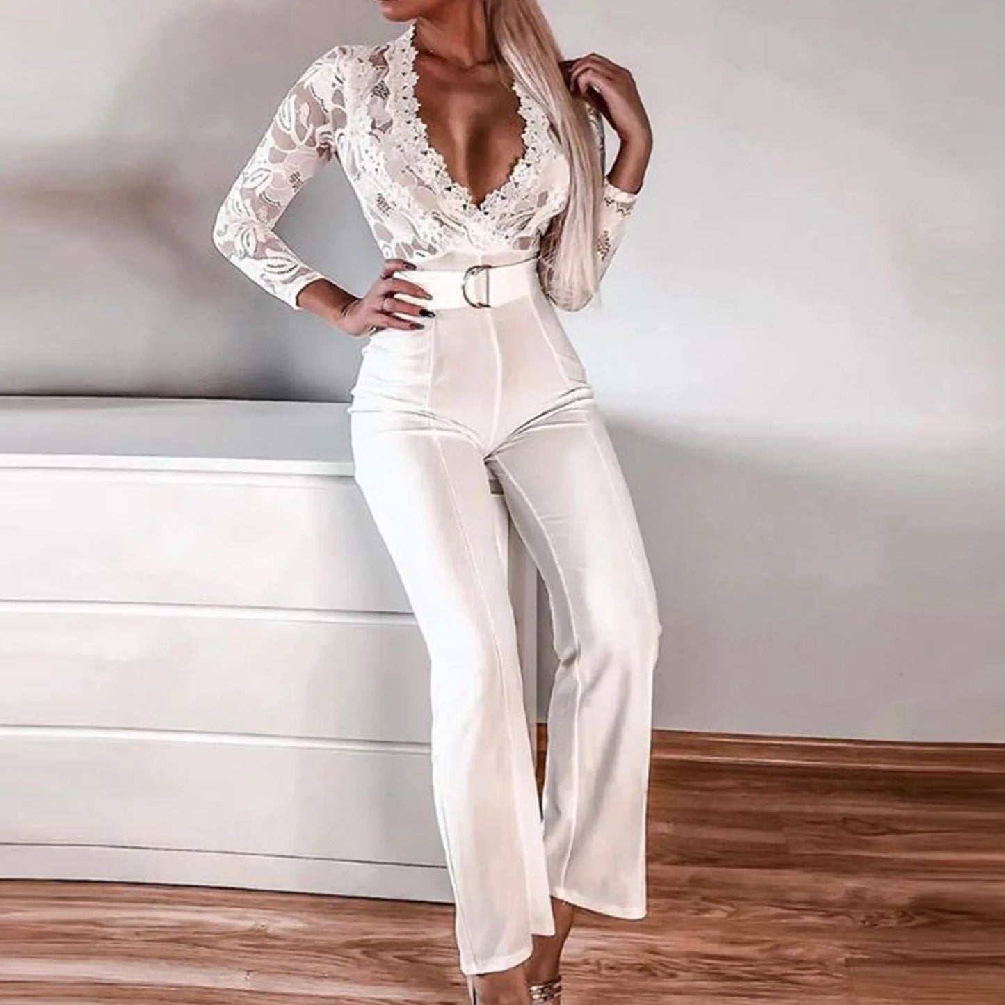 Sexy Lace V Neck Belted Jumpsuit Spring Summer Women'S Rompers Elegant Lady Wide Leg Overalls Fashion Casual White Playsuit 2024