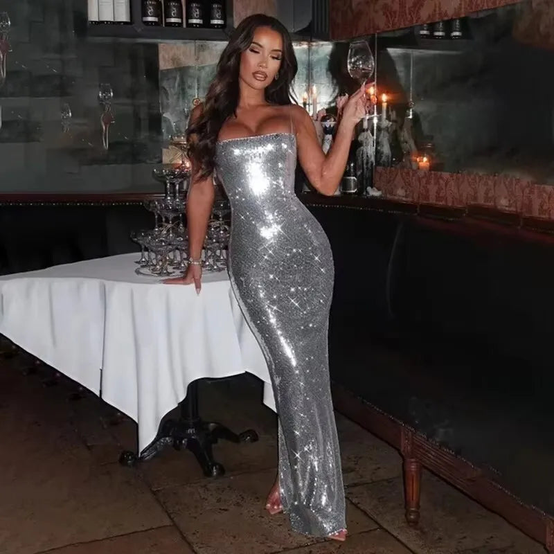NIDANSSI 2025 Diamonds Glitter Backless Sexy Dress For Women Robes Evening Club Party Dress Bodycon Mini Summer Dress Vestidos