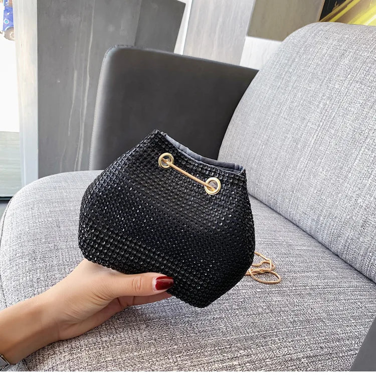 Ladies Rhinestone Bucket Shape Crossbody Bags Evening Party Clutches Storage Totes Shining Shoulder Bag Chain Handbag