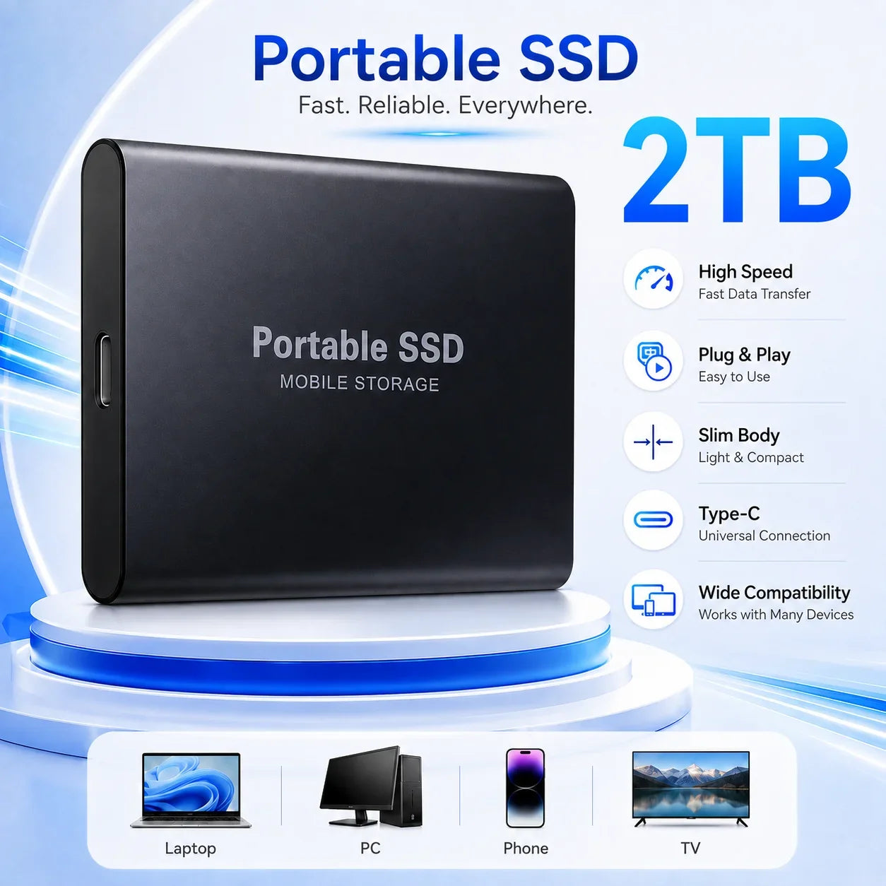 2TB External Hard Drive 4TB Portable SSD USB-C High-Speed Storage Disk for File Backup Compact & Durable