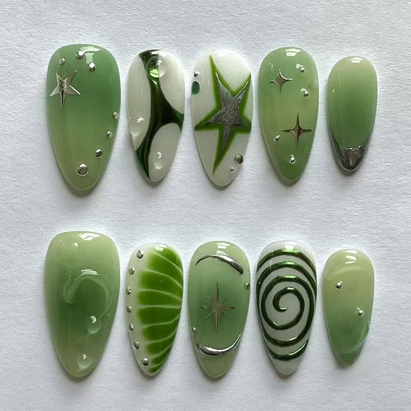 24Pcs Mid-length Almond Press on Fake Nails,3D Ripple Heart ,Pearl Star, Blue Smudge Detachable Full Cover Nails Tips.