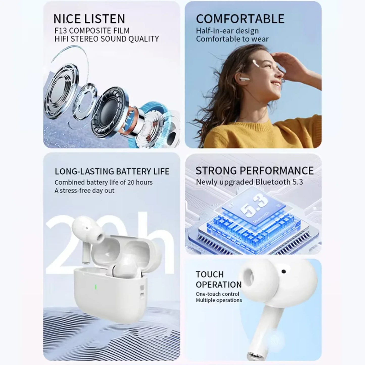UEESFIT A5 TWS Wireless Bluetooth Earphones Headphones In Ear Earbuds Sports Gaming Headset Noise Cancelling Ear Buds with Mic