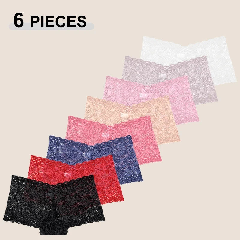 6PCS Women's Seamless Sexy Lace Perspective Boxer Shorts Solid Color Hollow Out Sunflower Bowknot Transparent Intimate Lingerie