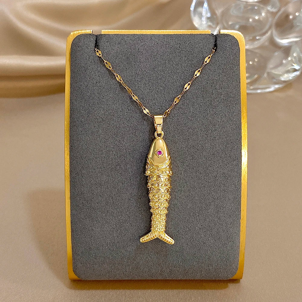 18K Gold Plated Stainless Steel Fish Pendant Necklace for Women