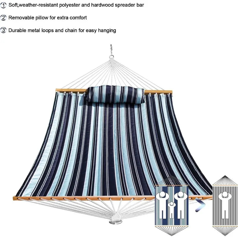 Outdoor Quilted Fabric Hammock with Spreader Bars and Detachable Pillow and Chains,Outdoor Patio Backyard Poolside