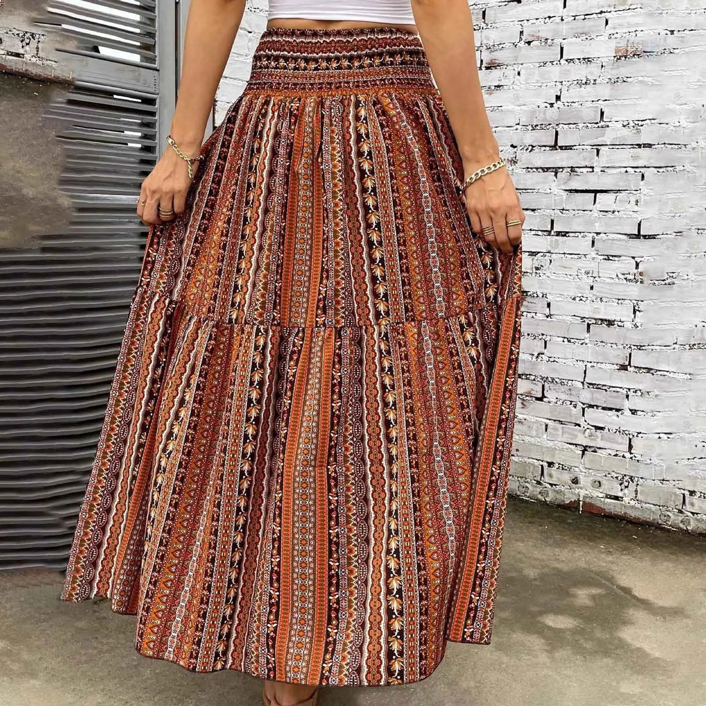 Vintage Boho Skirts For Women Summer Elastic Waist A-Line Faldas Bohemian Printed Flowy Skirt Beachside Swing Maxi Long Skirts