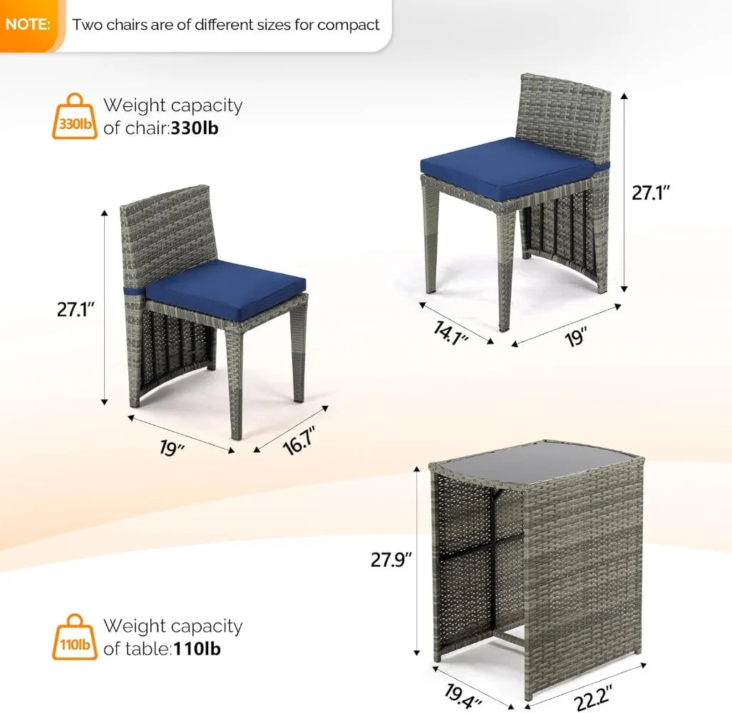 3 PCS Wicker Outdoor Patio Bistro Set, Patio Furniture Set，Space with Glass Top Table Dining Chairs,  for Garden Yard Porch