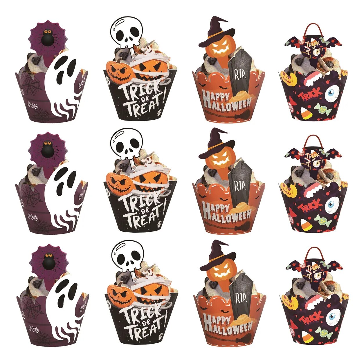 12/24pcs Halloween Cupcake Wrapper Horror Pumpkin Spiderweb Cake Topper Baking Cup Muffins Halloween Party Decor Baking Supplies