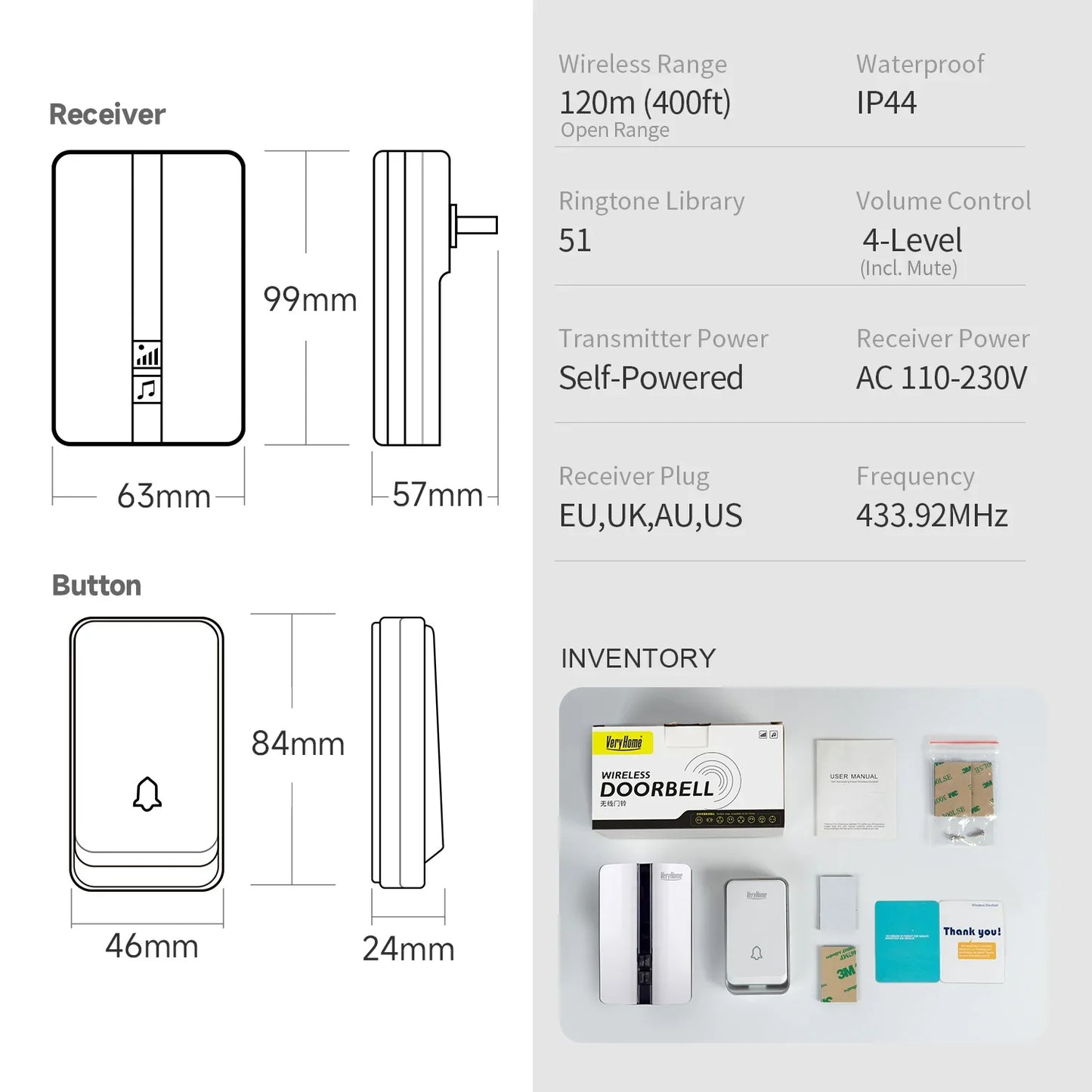 VeryHome Wireless Doorbell Waterproof Self-powered Button Smart Door Bell Sets Home Welcome Outdoor House Chimes  Receiver