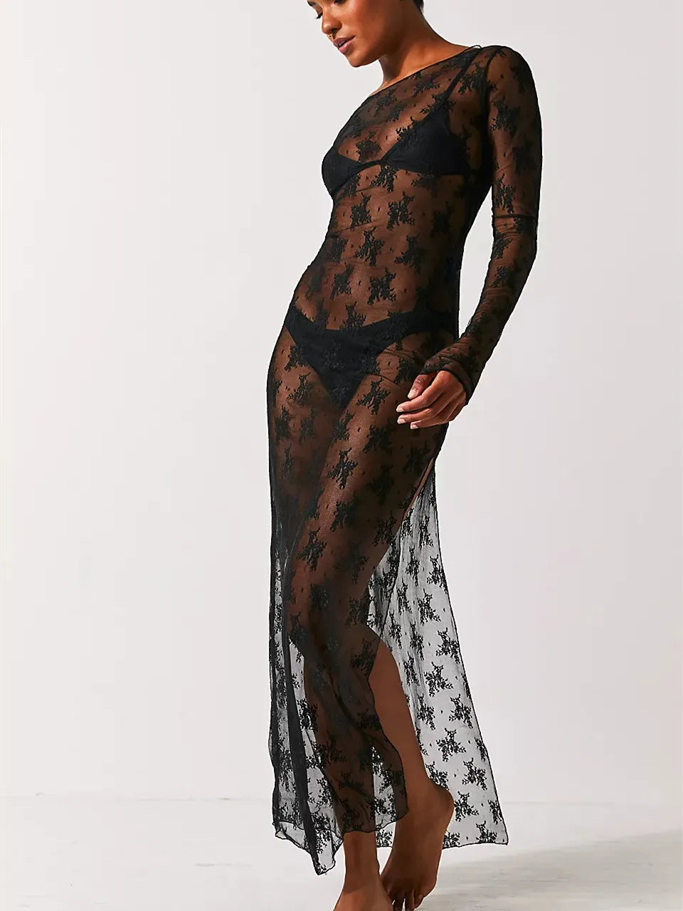 hirigin Womens Y2K Sheer Lace Maxi Dress Long Sleeve See Through Mesh Floral Lace Split Bodycon Dress Beach Coverups Party Dress