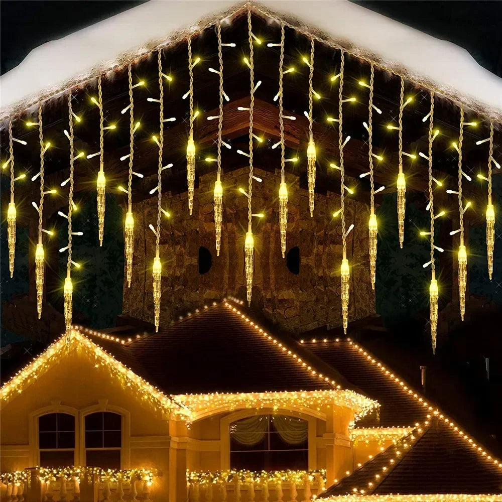 2.8M LED Curtain Icicle String Lights Christmas Waterfall Garland Outdoor Garden Decoration Fairy Light for Street Eaves Patio