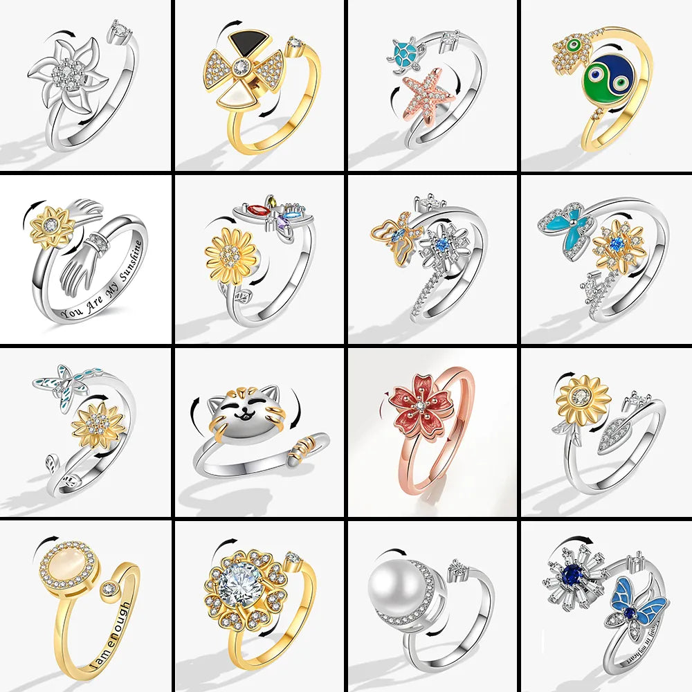 Animal Butterfly Flower Anxiety Spinner Rings Rotate Spinning Anti Worry Stress Relief Fidget Knuckle Rings Anillos De Ansiedad