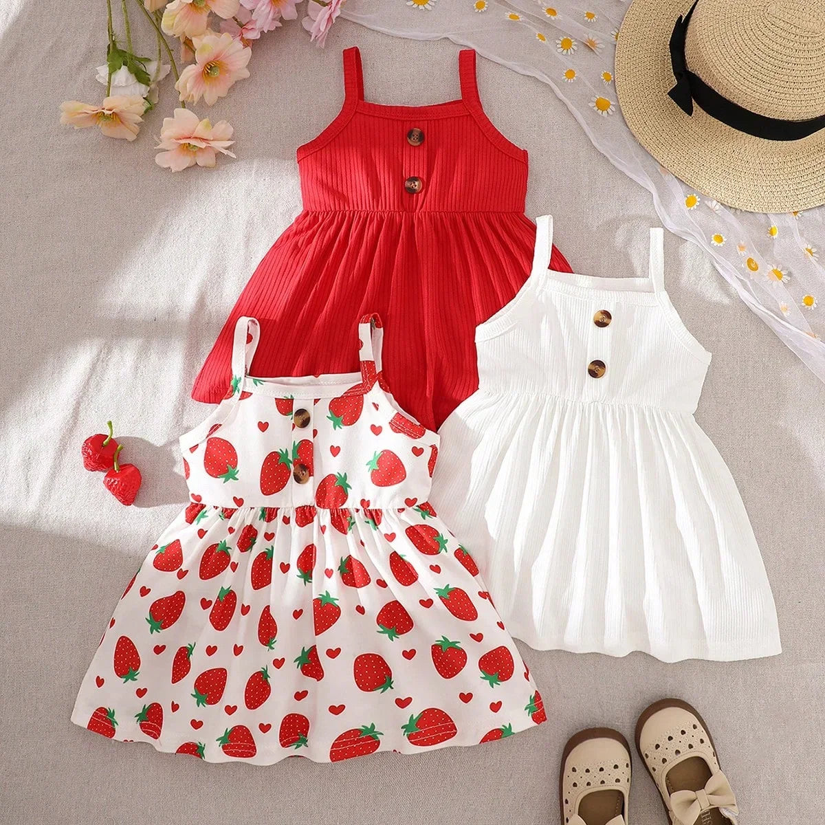 Newborn baby girl summer style white/orange full print pattern small floral suspender dress three piece set, family gift, comfor