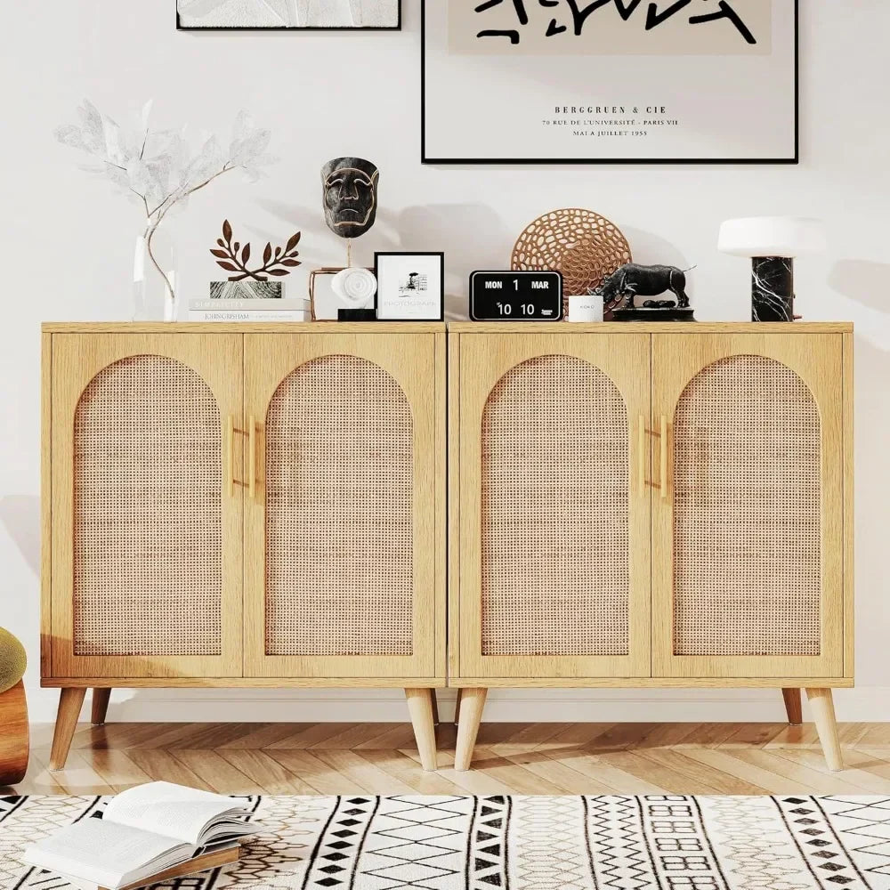 Set of 2 Rattan Storage Cabinet with Doors, Accent Bathroom Floor Cabinet, Modern Sideboard Buffet Cabinet for Living